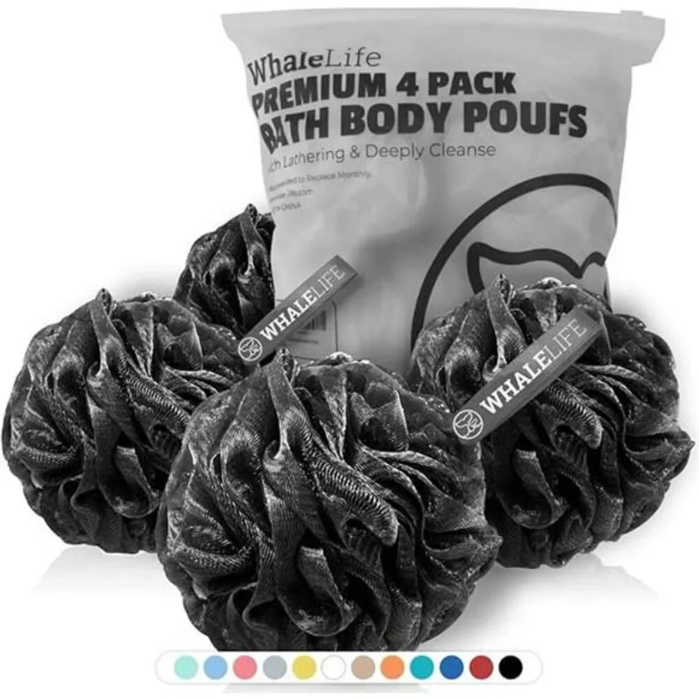 Shower Loofah Puff 4 Pack Black Bath Sponge Bamboo Charcoal Mesh Body Scrubber